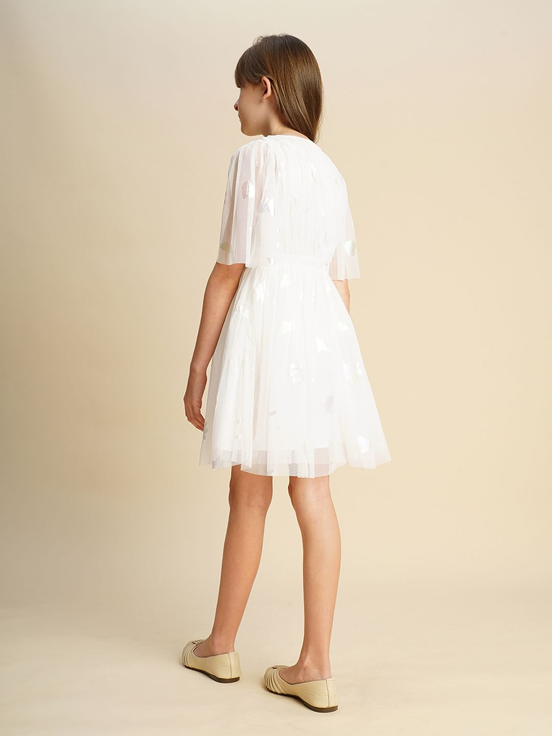 Girls White Mesh Layered Dress
