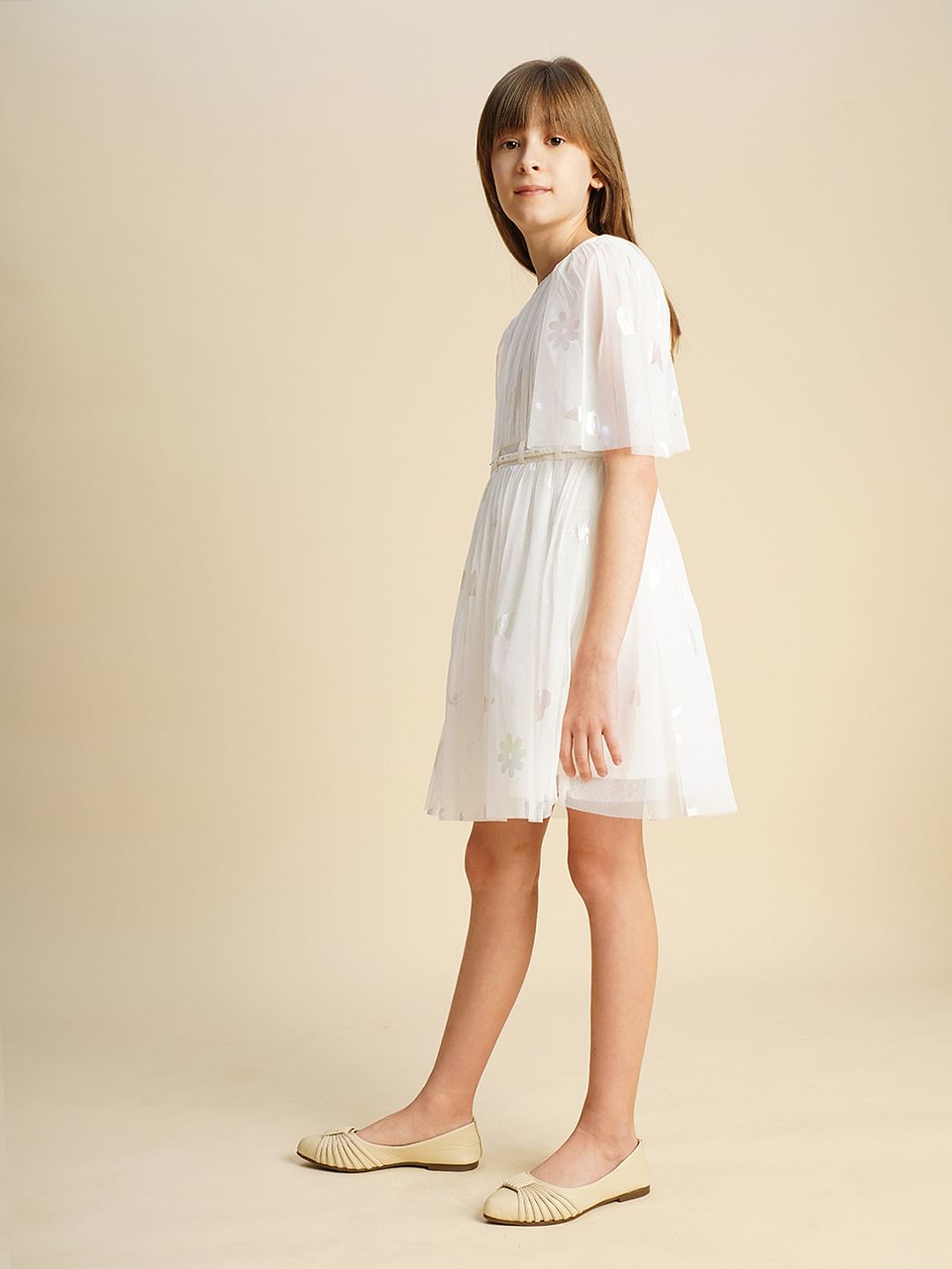 Girls White Mesh Layered Dress