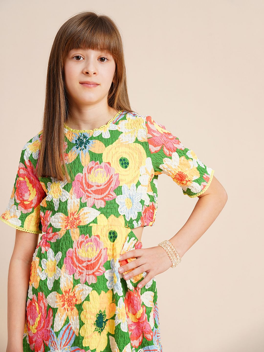 Girls Green Printed Waist Cut-Out Dress