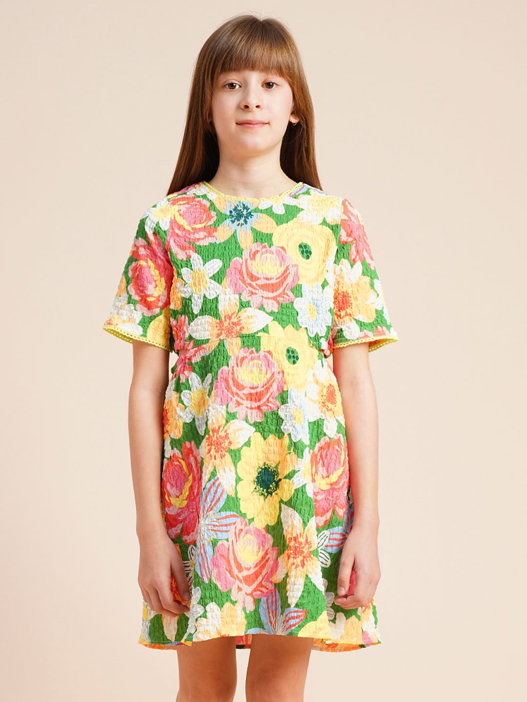 Girls Green Printed Waist Cut-Out Dress