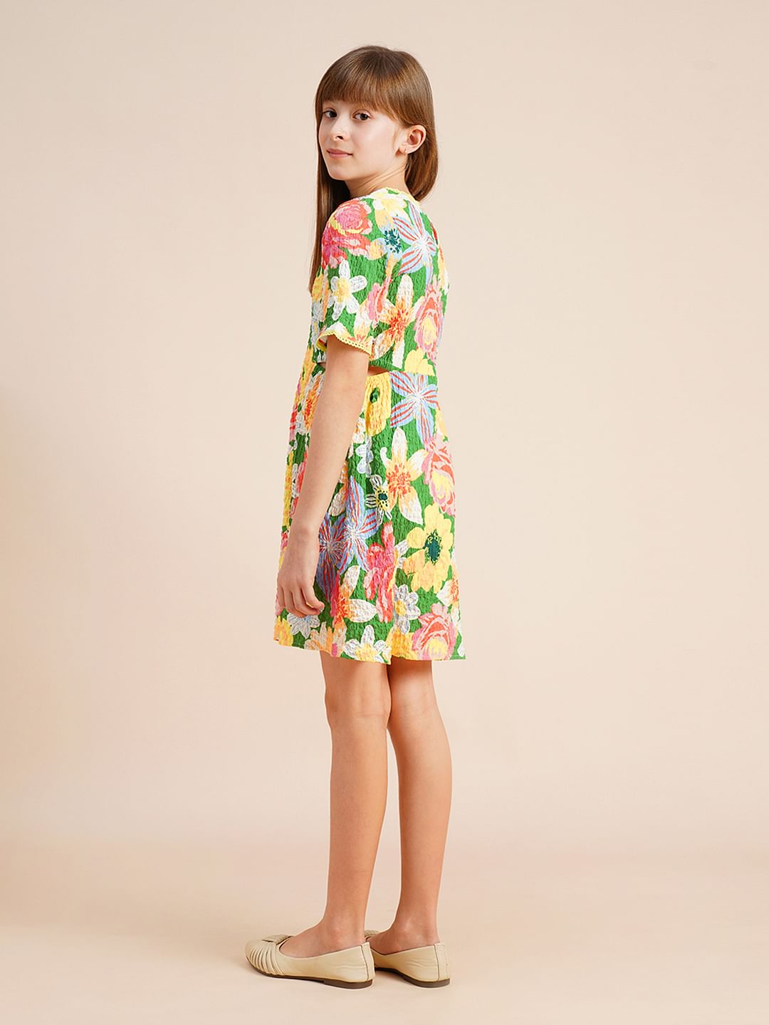 Girls Green Printed Waist Cut-Out Dress