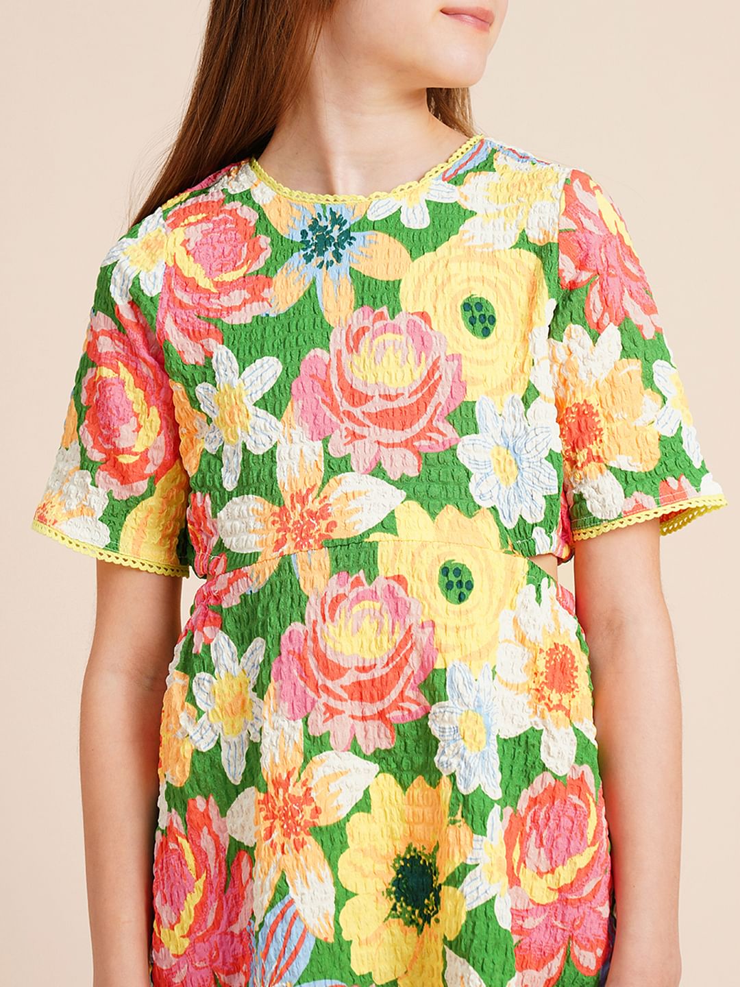 Girls Green Printed Waist Cut-Out Dress