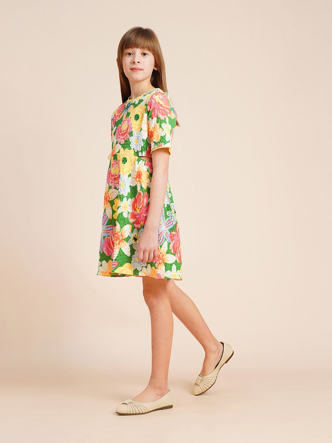 Girls Green Printed Waist Cut-Out Dress