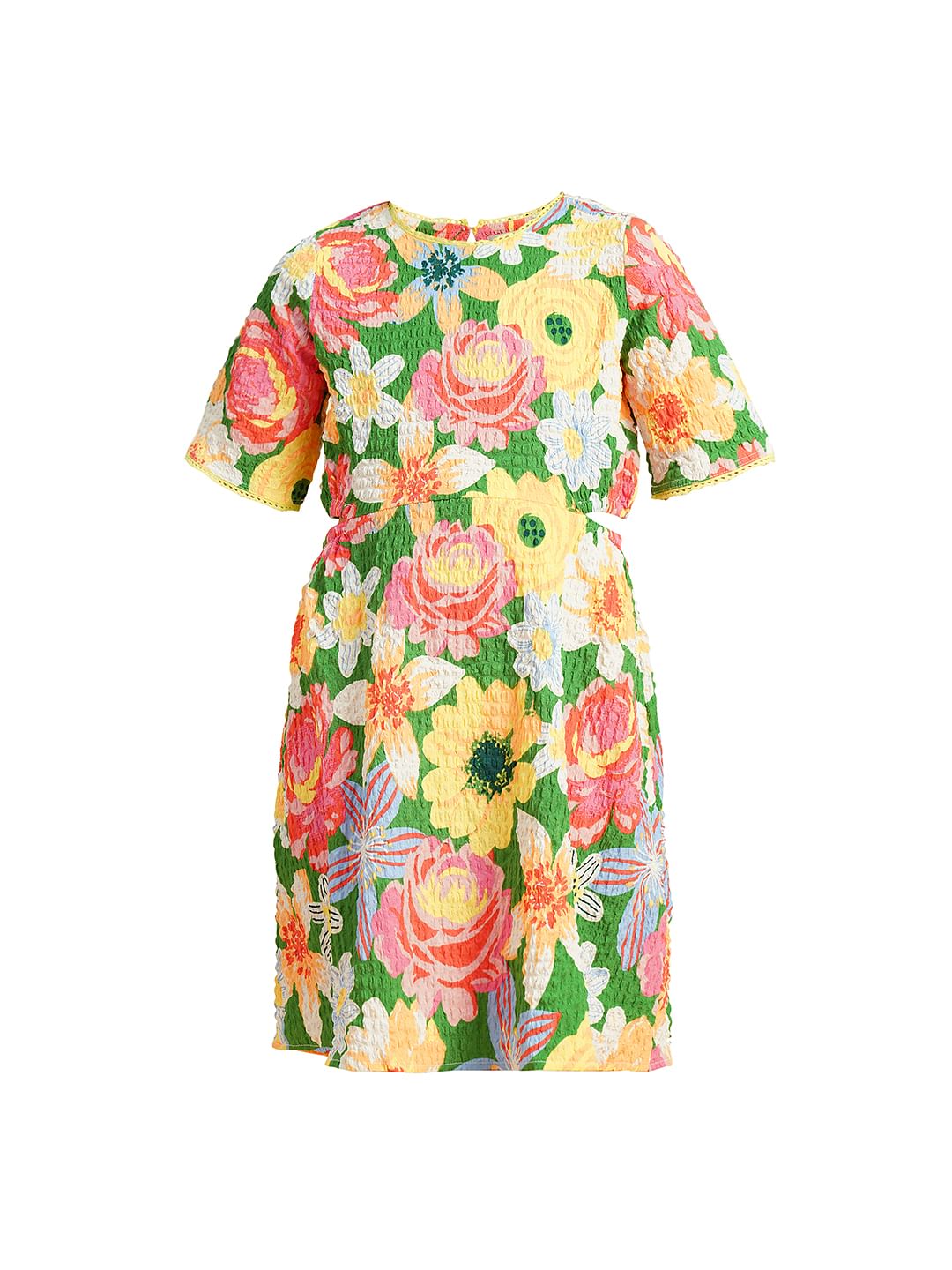 Girls Green Printed Waist Cut-Out Dress