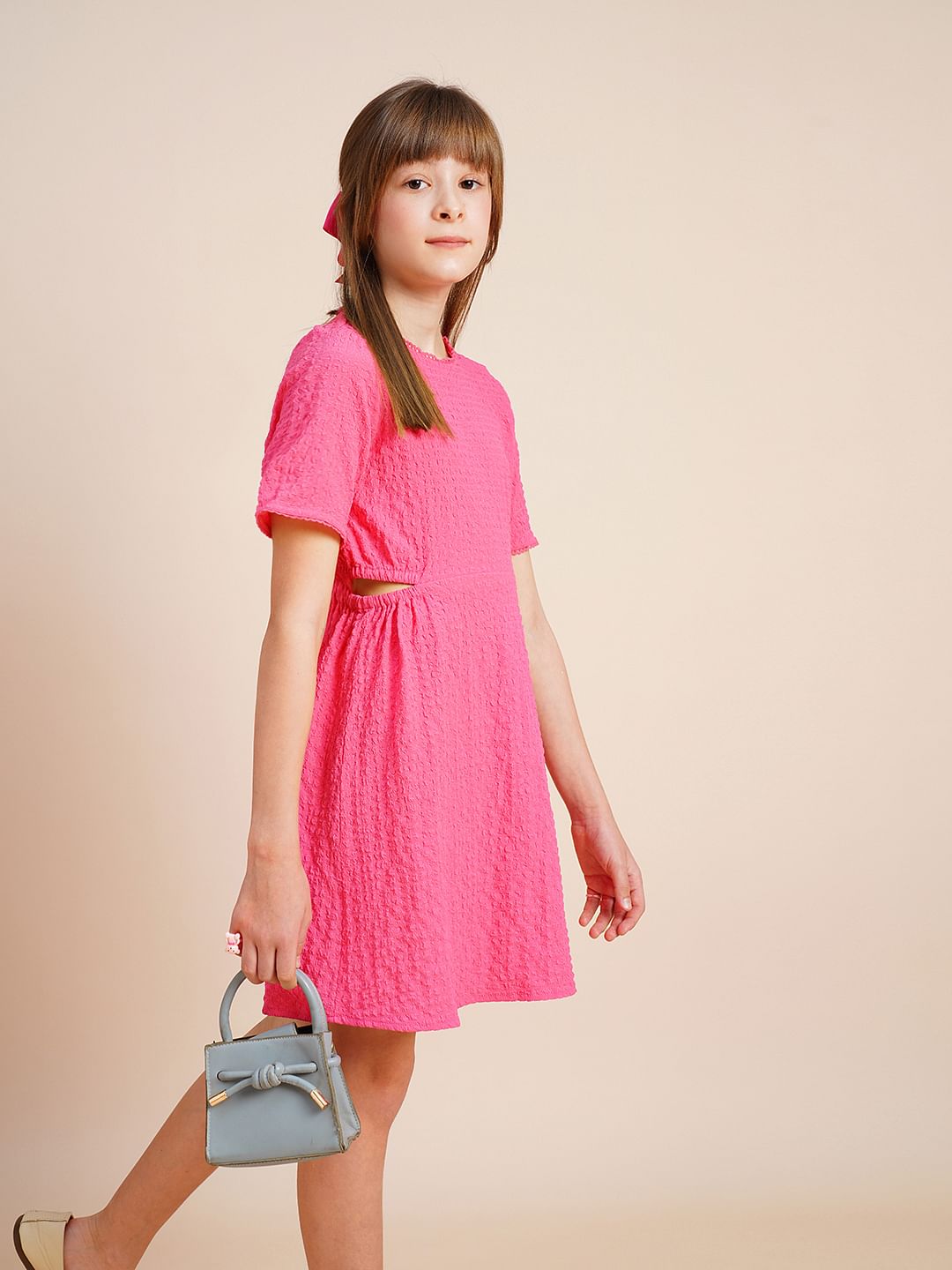 Girls Pink Textured Waist Cut-Out Dress