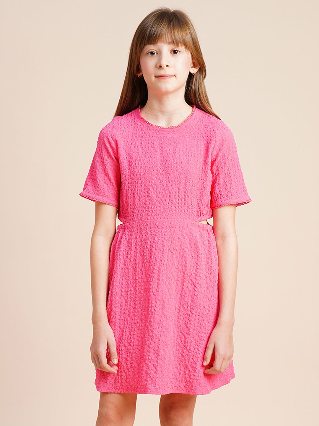Girls Pink Textured Waist Cut-Out Dress