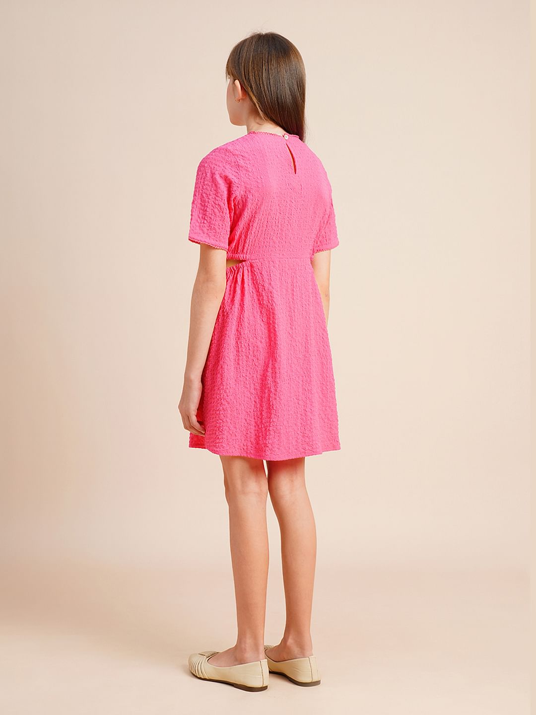 Girls Pink Textured Waist Cut-Out Dress