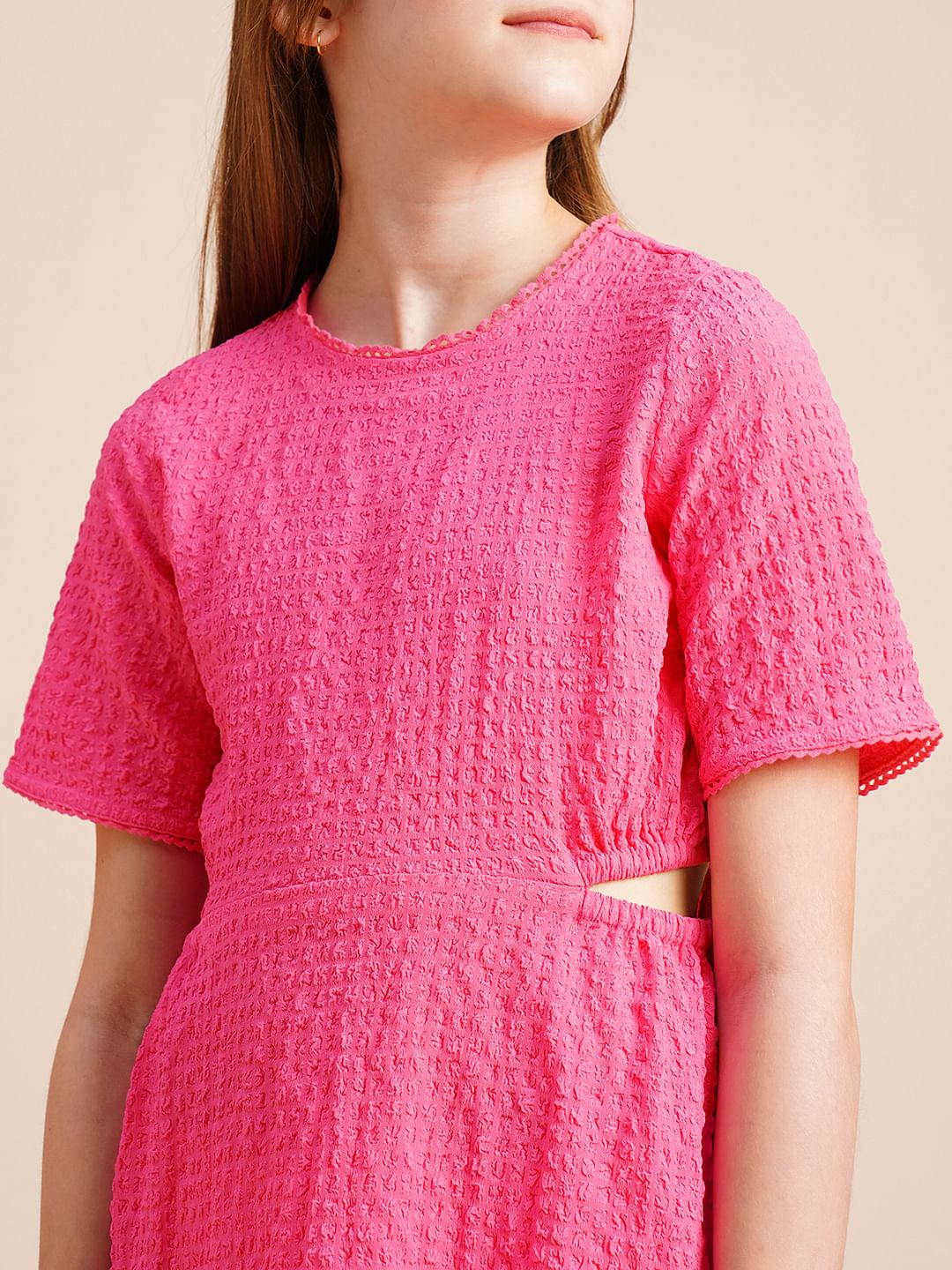 Girls Pink Textured Waist Cut-Out Dress