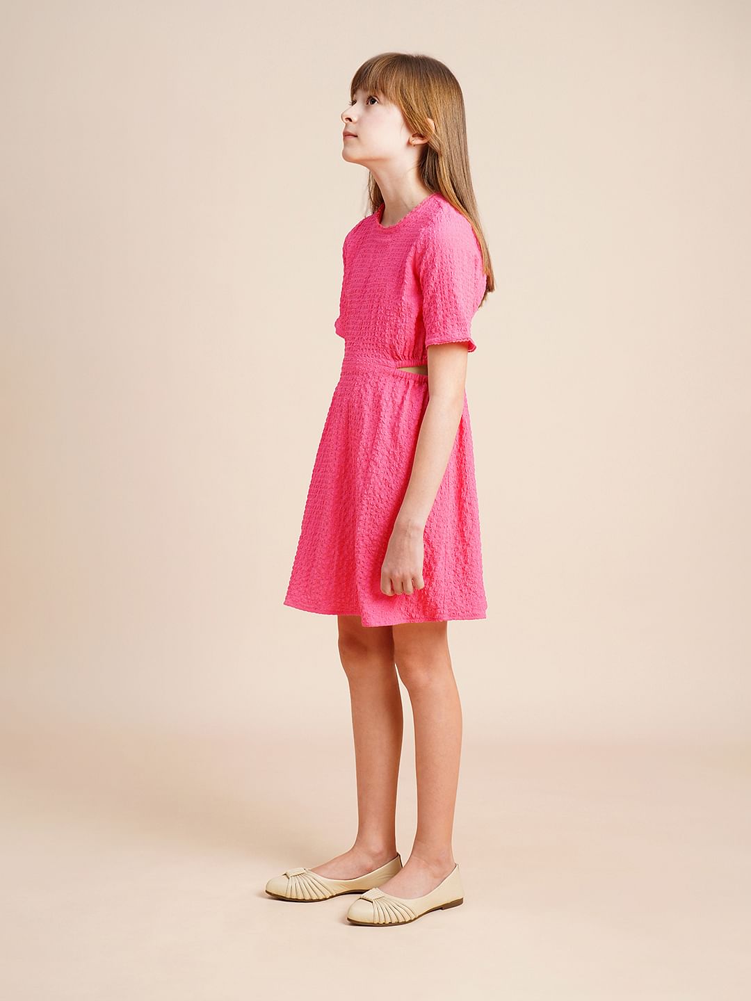 Girls Pink Textured Waist Cut-Out Dress
