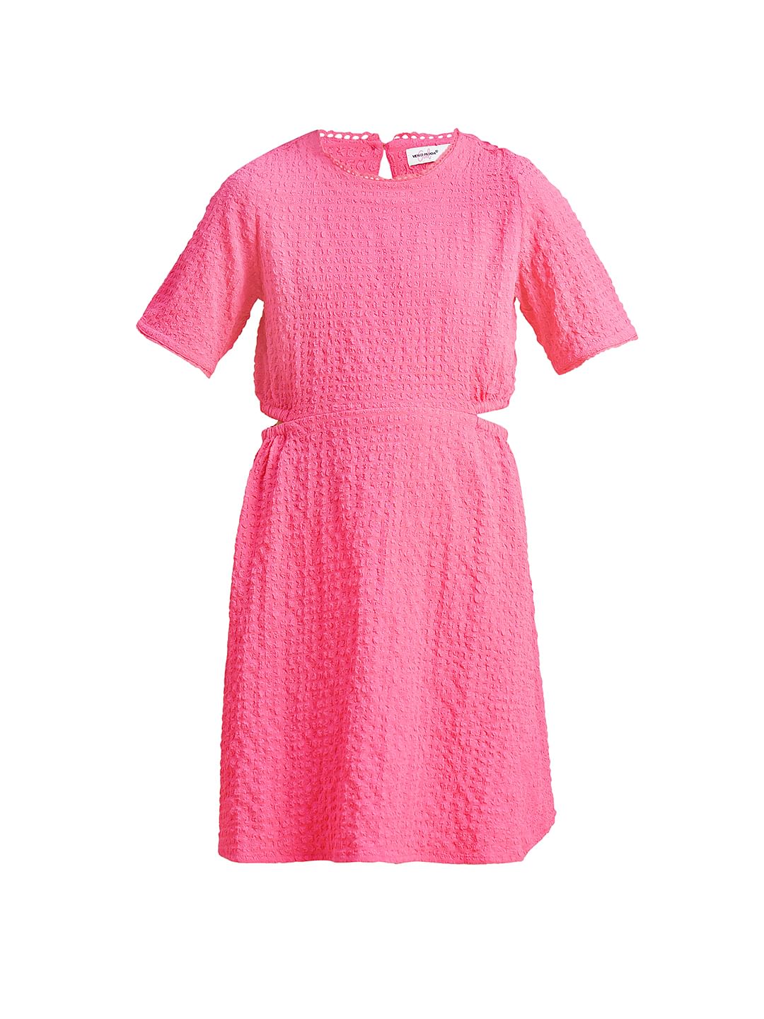Girls Pink Textured Waist Cut-Out Dress