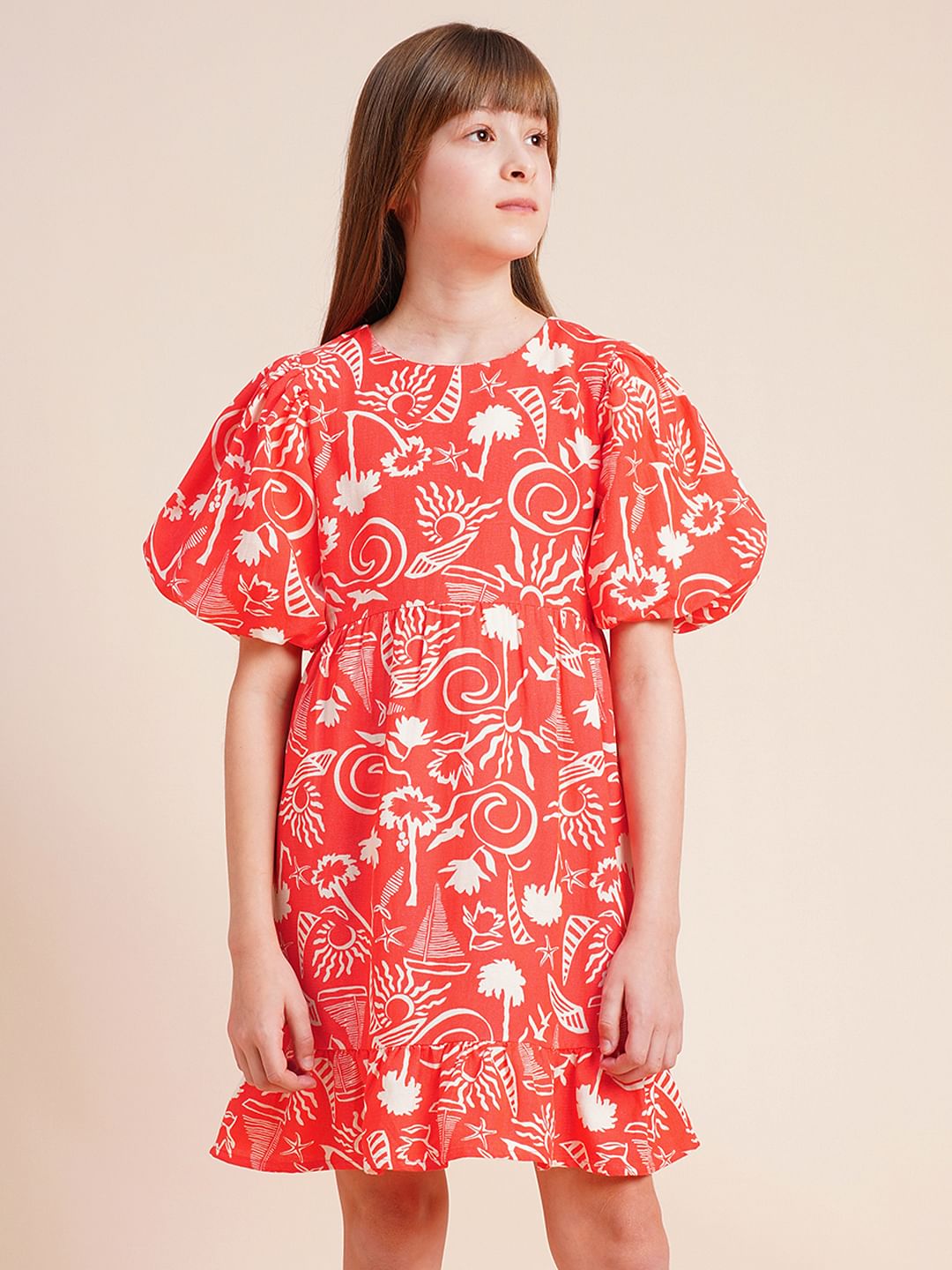 Girls Coral Puff Sleeves Printed Dress