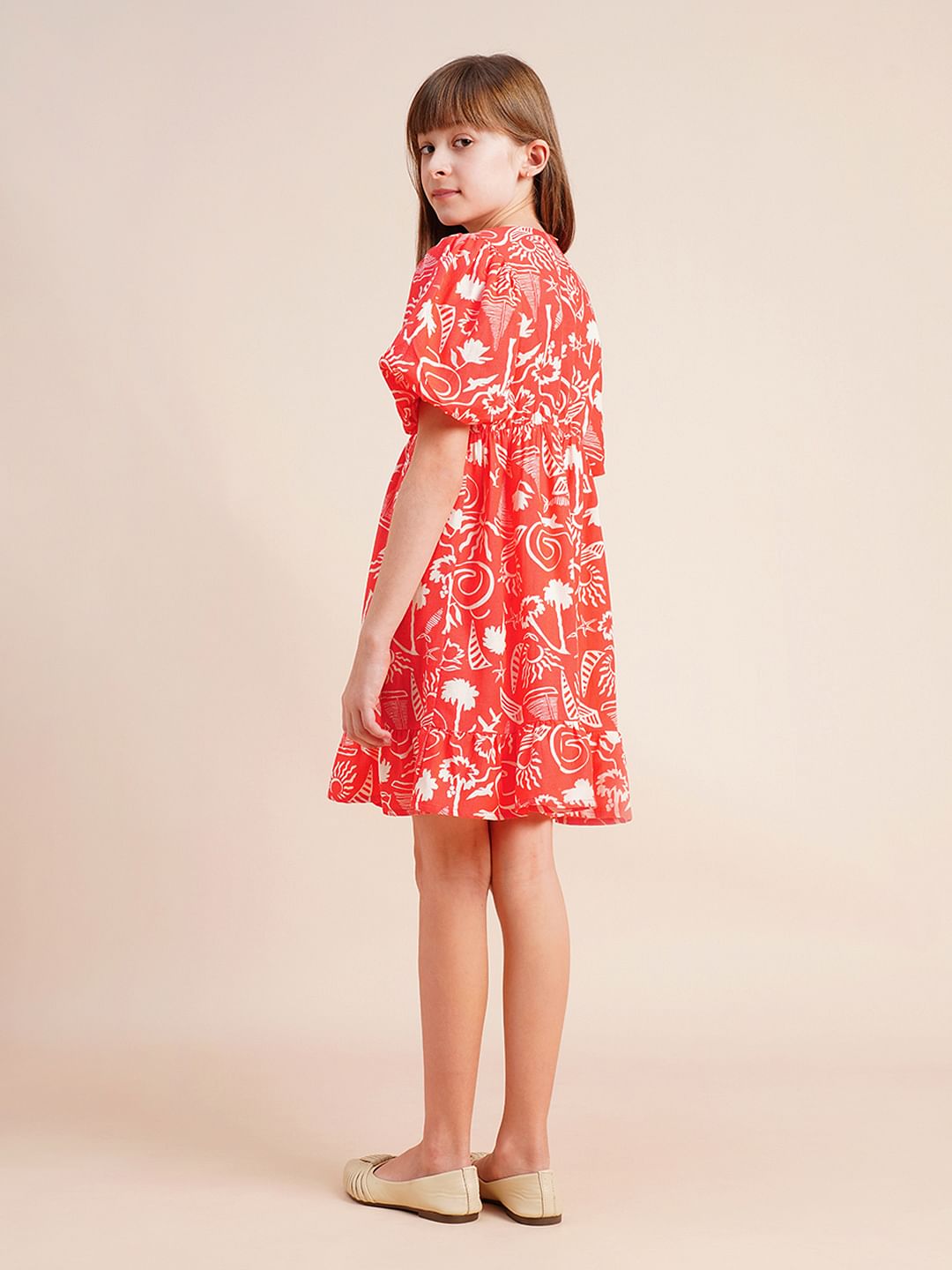Girls Coral Puff Sleeves Printed Dress