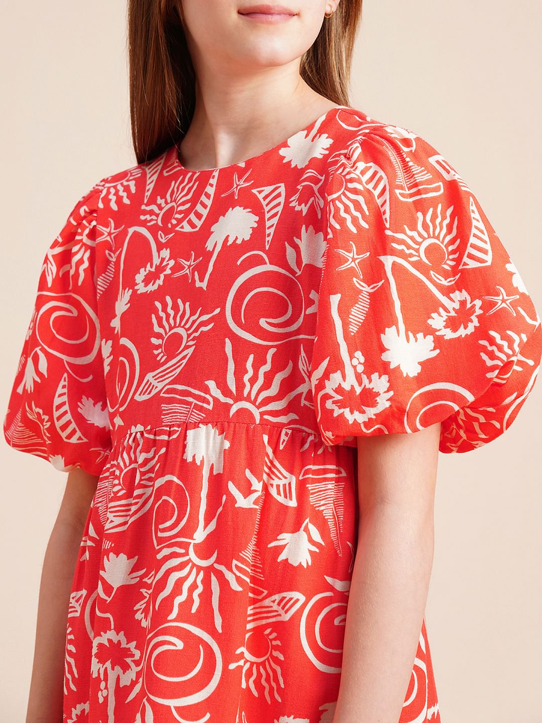 Girls Coral Puff Sleeves Printed Dress