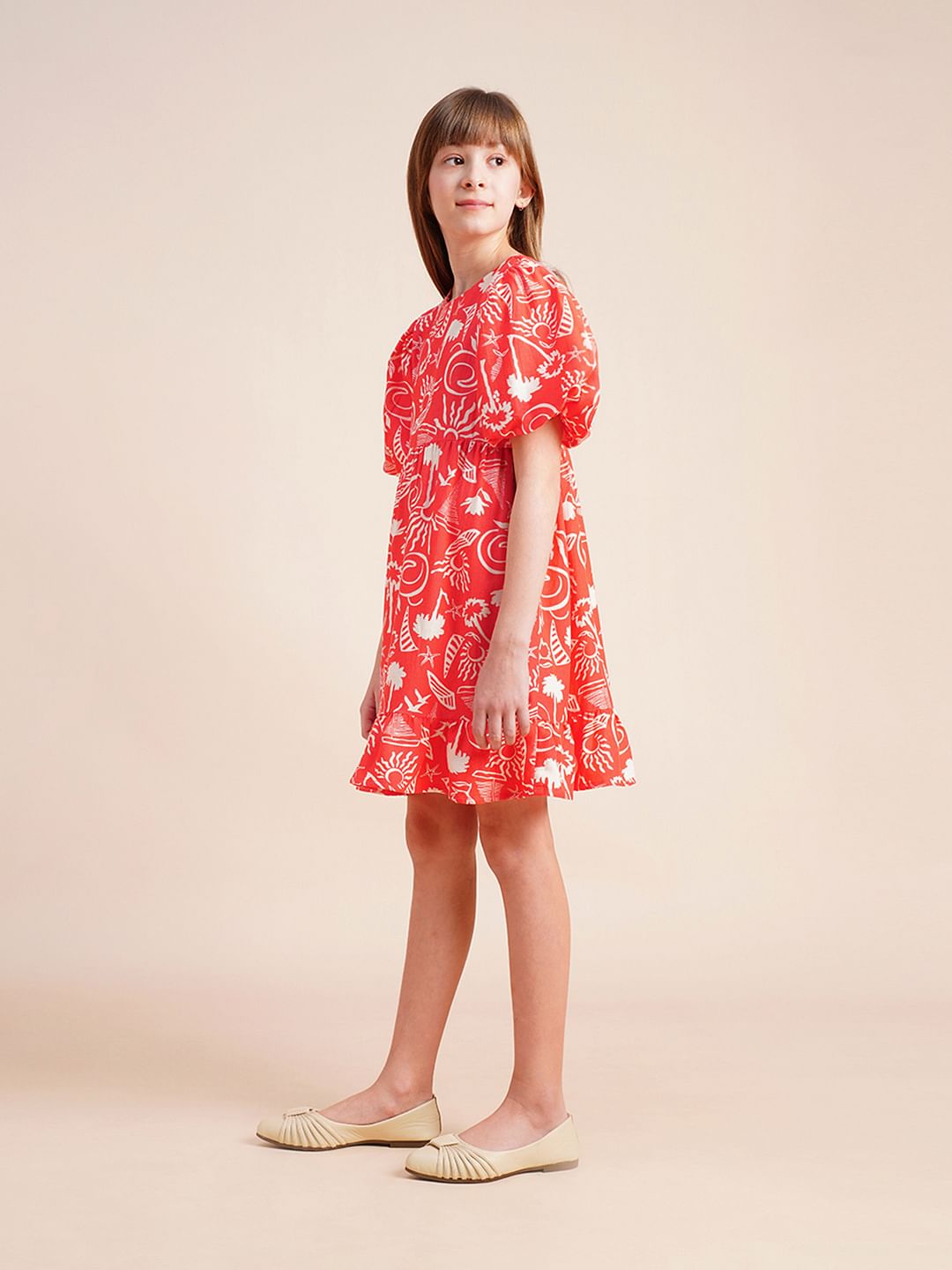 Girls Coral Puff Sleeves Printed Dress