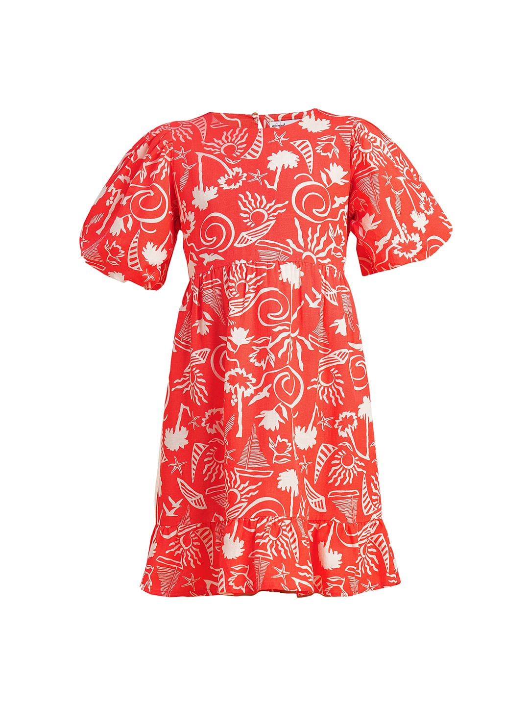 Girls Coral Puff Sleeves Printed Dress