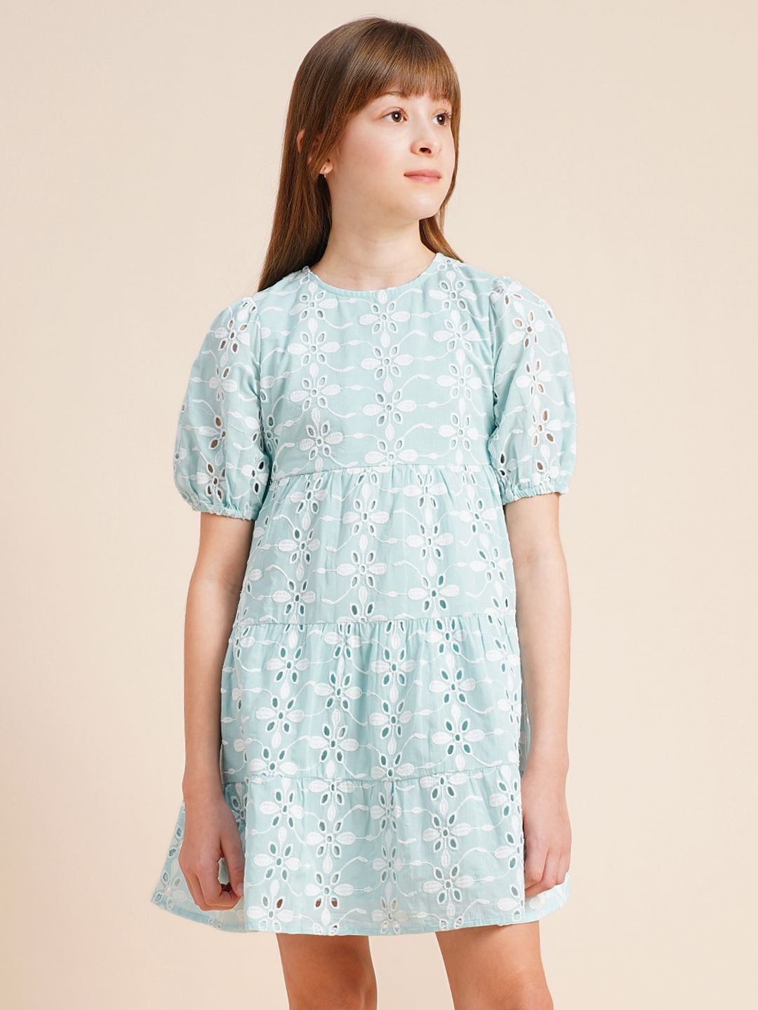 Girls Blue Schiffli Textured Dress
