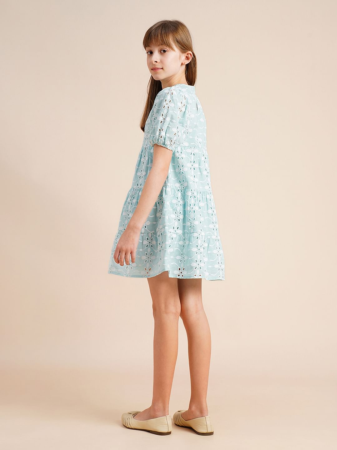 Girls Blue Schiffli Textured Dress
