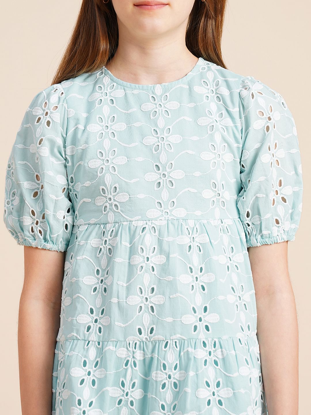 Girls Blue Schiffli Textured Dress