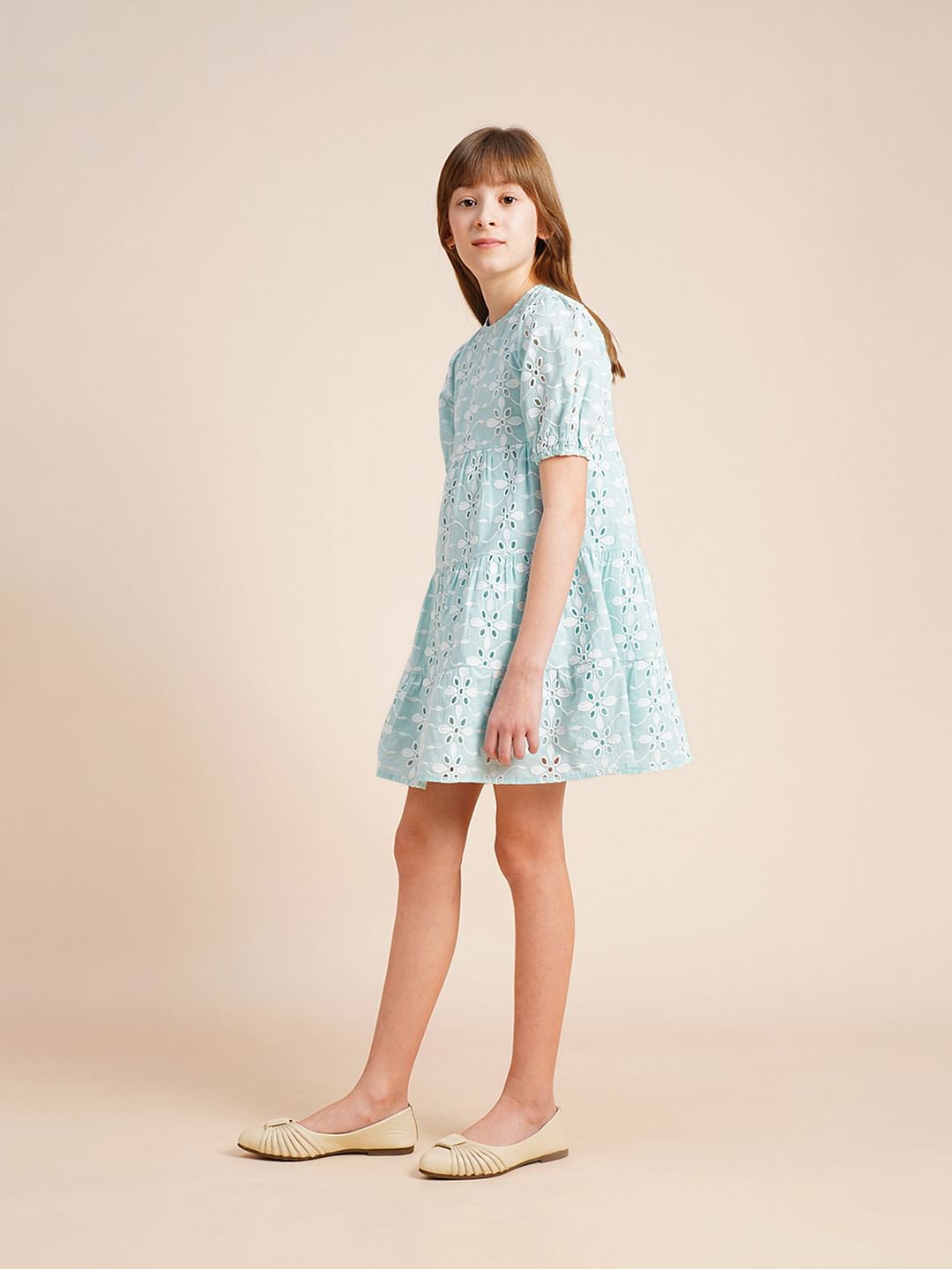Girls Blue Schiffli Textured Dress