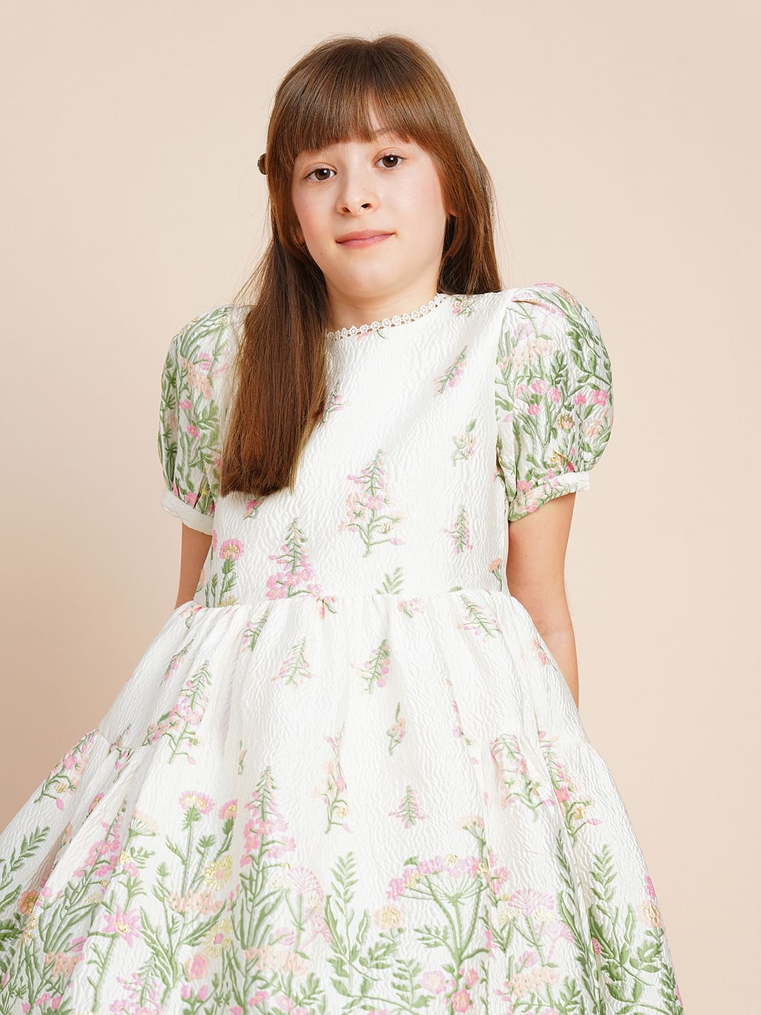 Girls White Floral Jacquard Dress