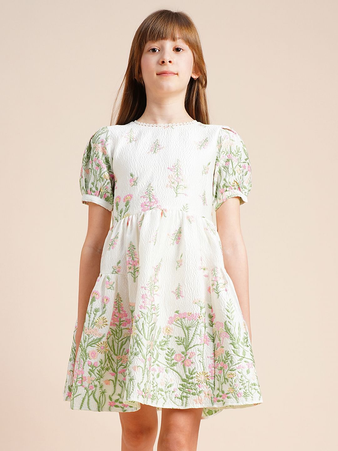 Girls White Floral Jacquard Dress