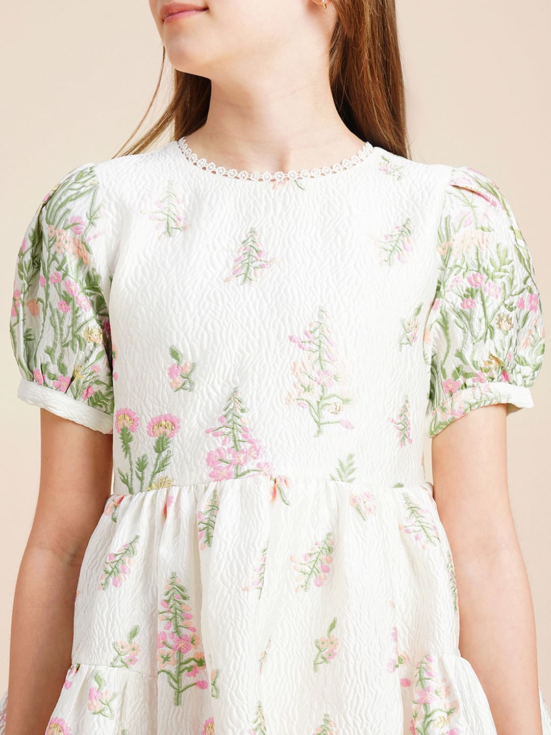 Girls White Floral Jacquard Dress