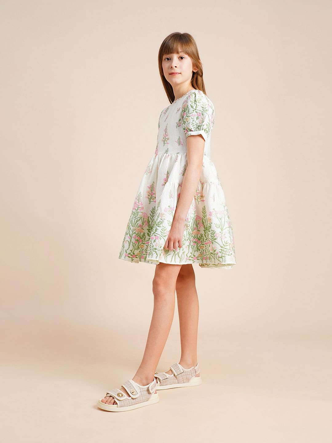 Girls White Floral Jacquard Dress