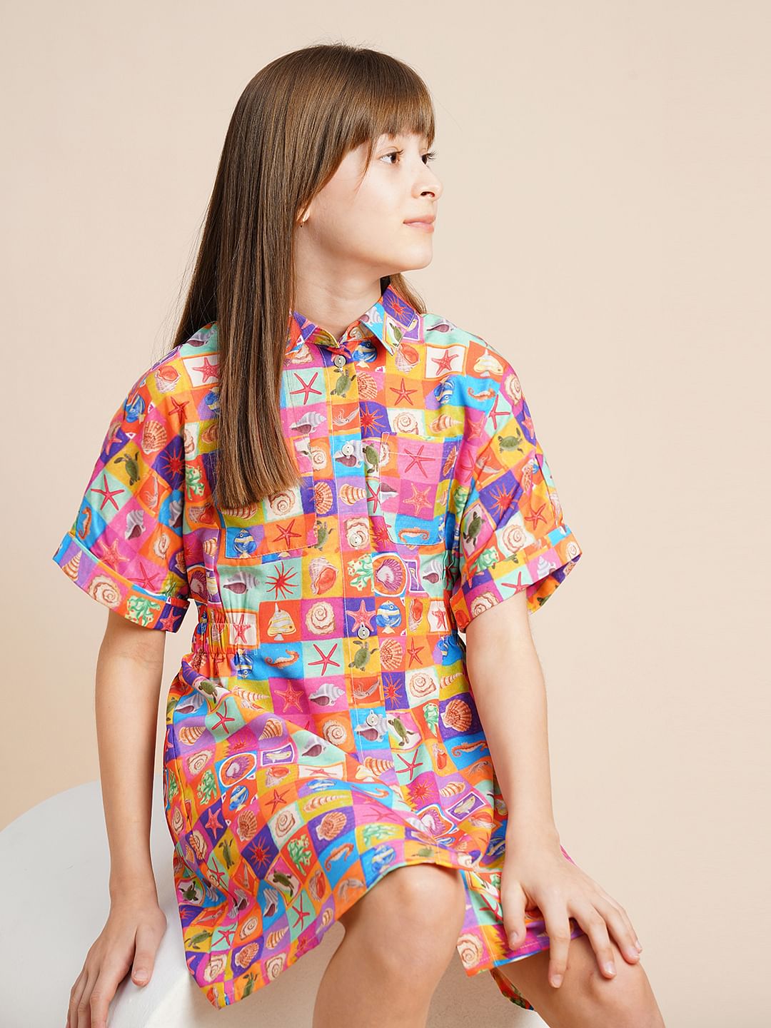 Girls Red Printed Shirt Dress