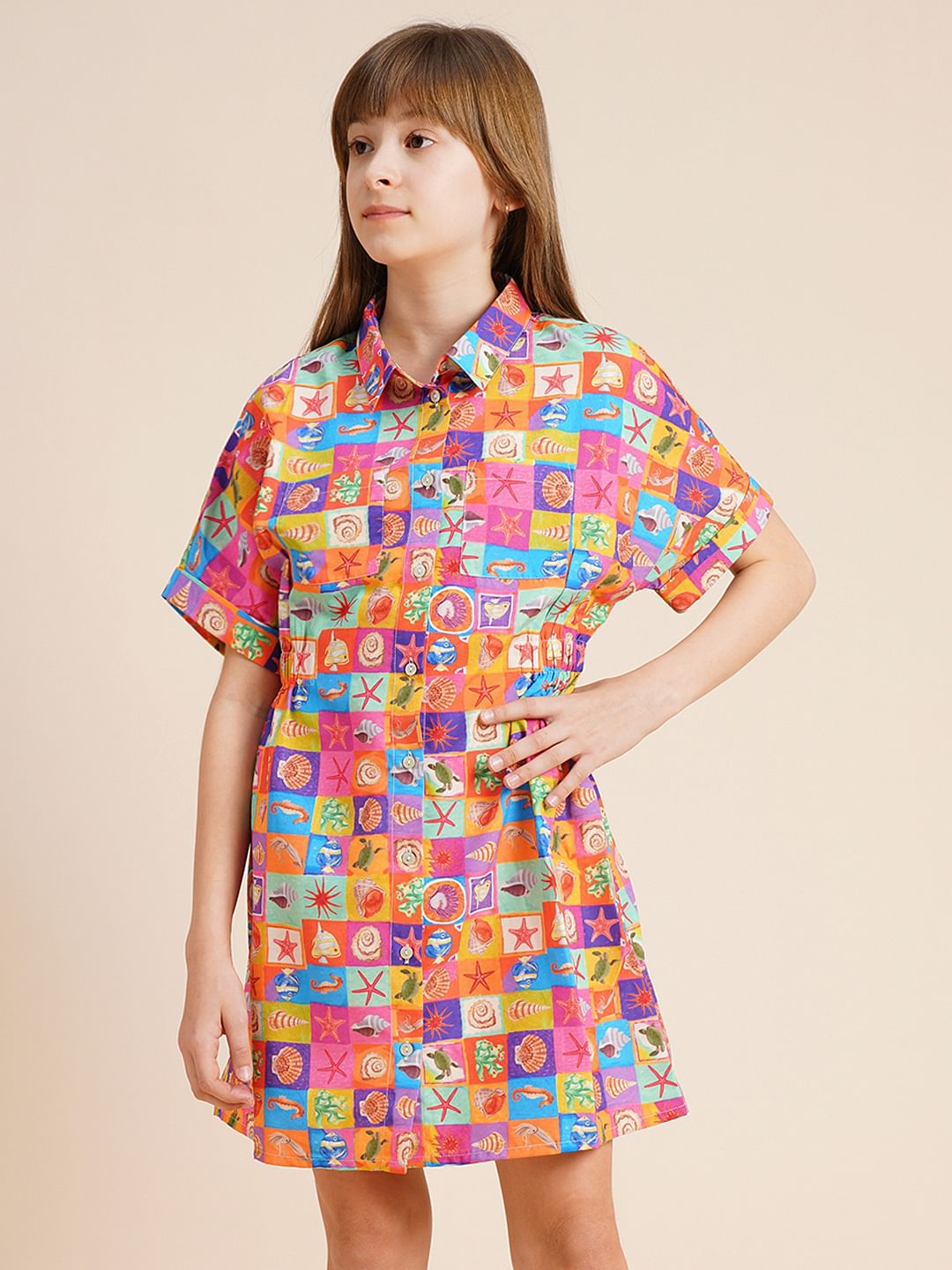 Girls Red Printed Shirt Dress