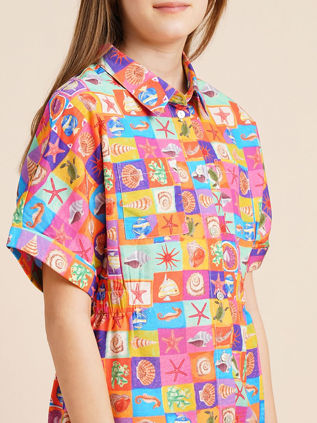 Girls Red Printed Shirt Dress