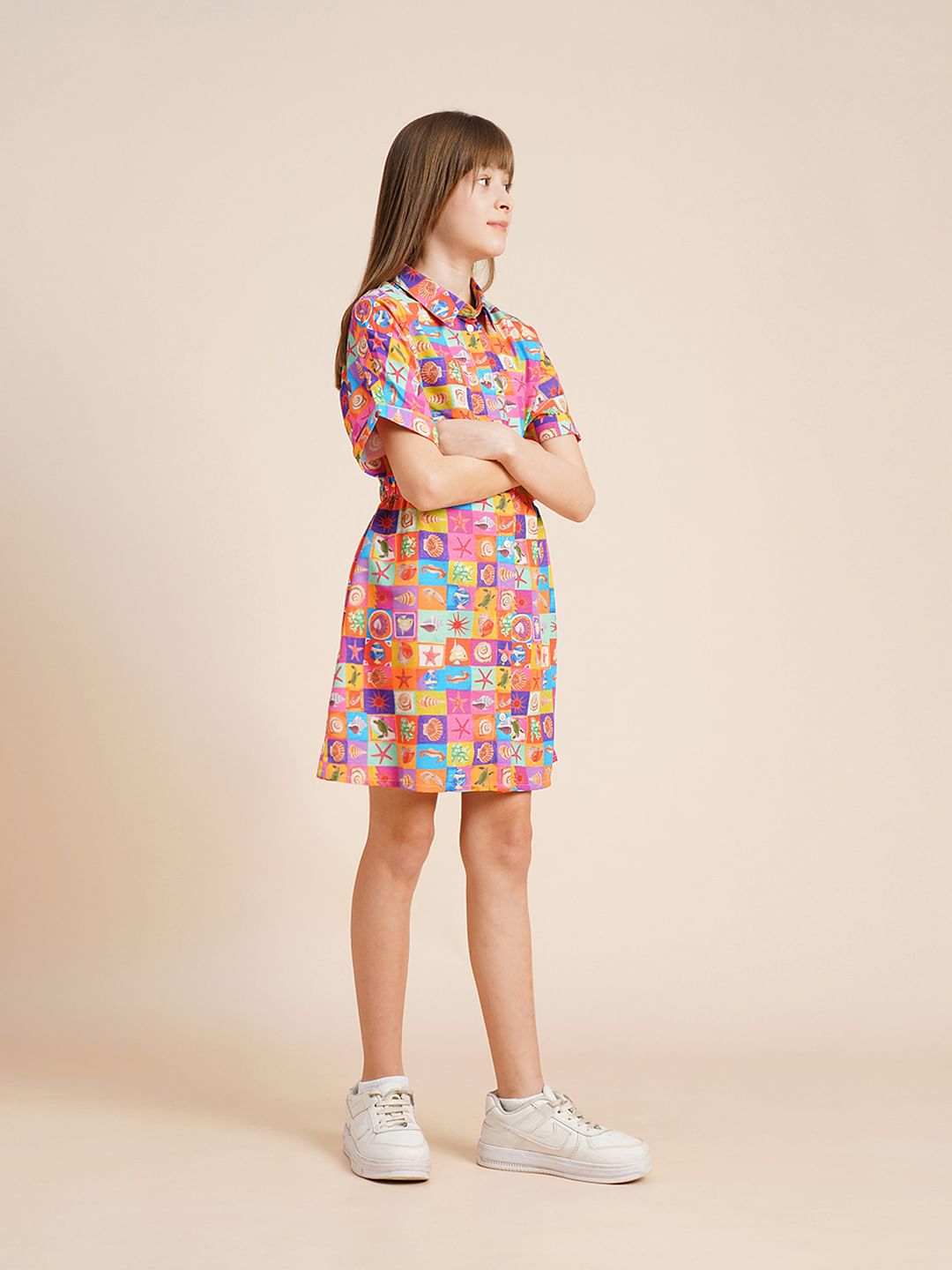 Girls Red Printed Shirt Dress