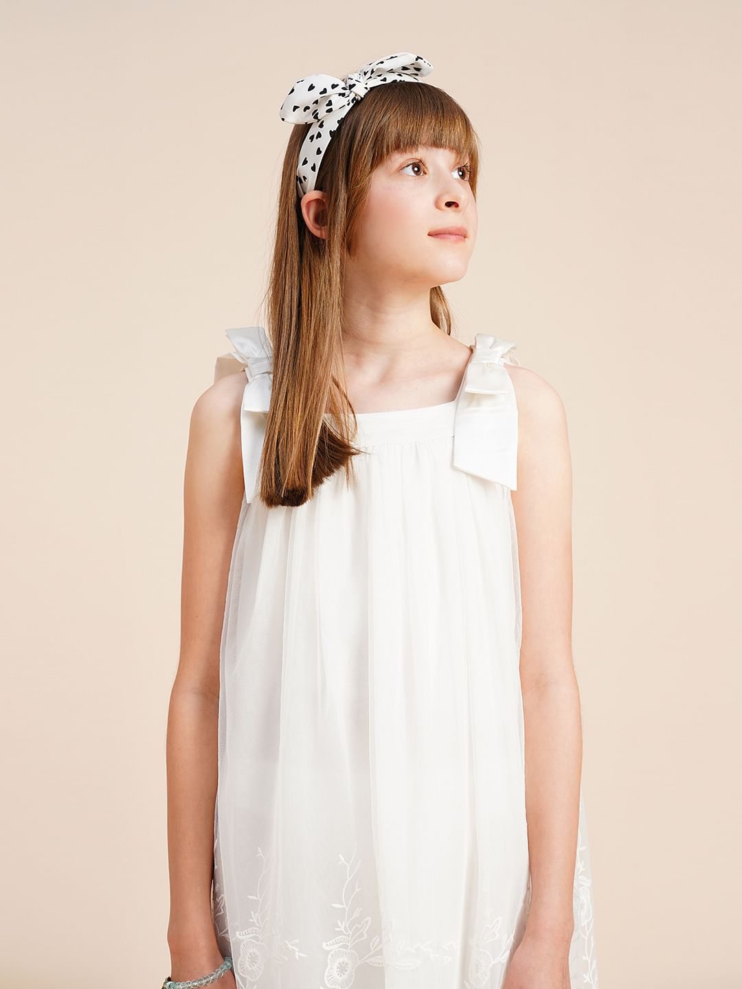 Girls White Textured Bow Detail Dress