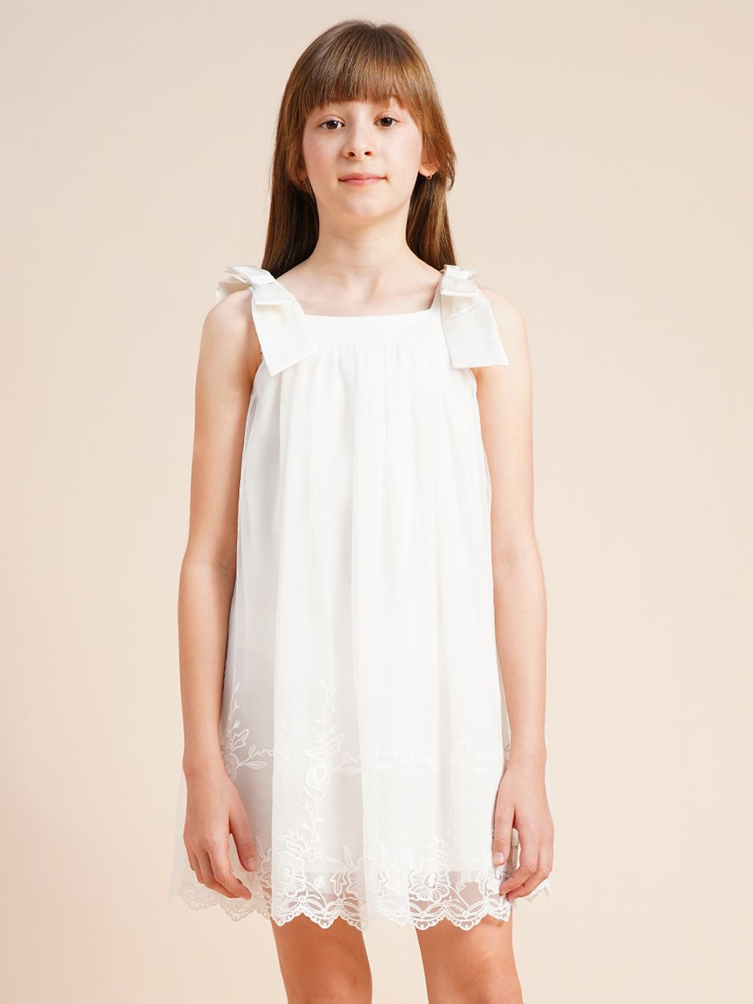 Girls White Textured Bow Detail Dress