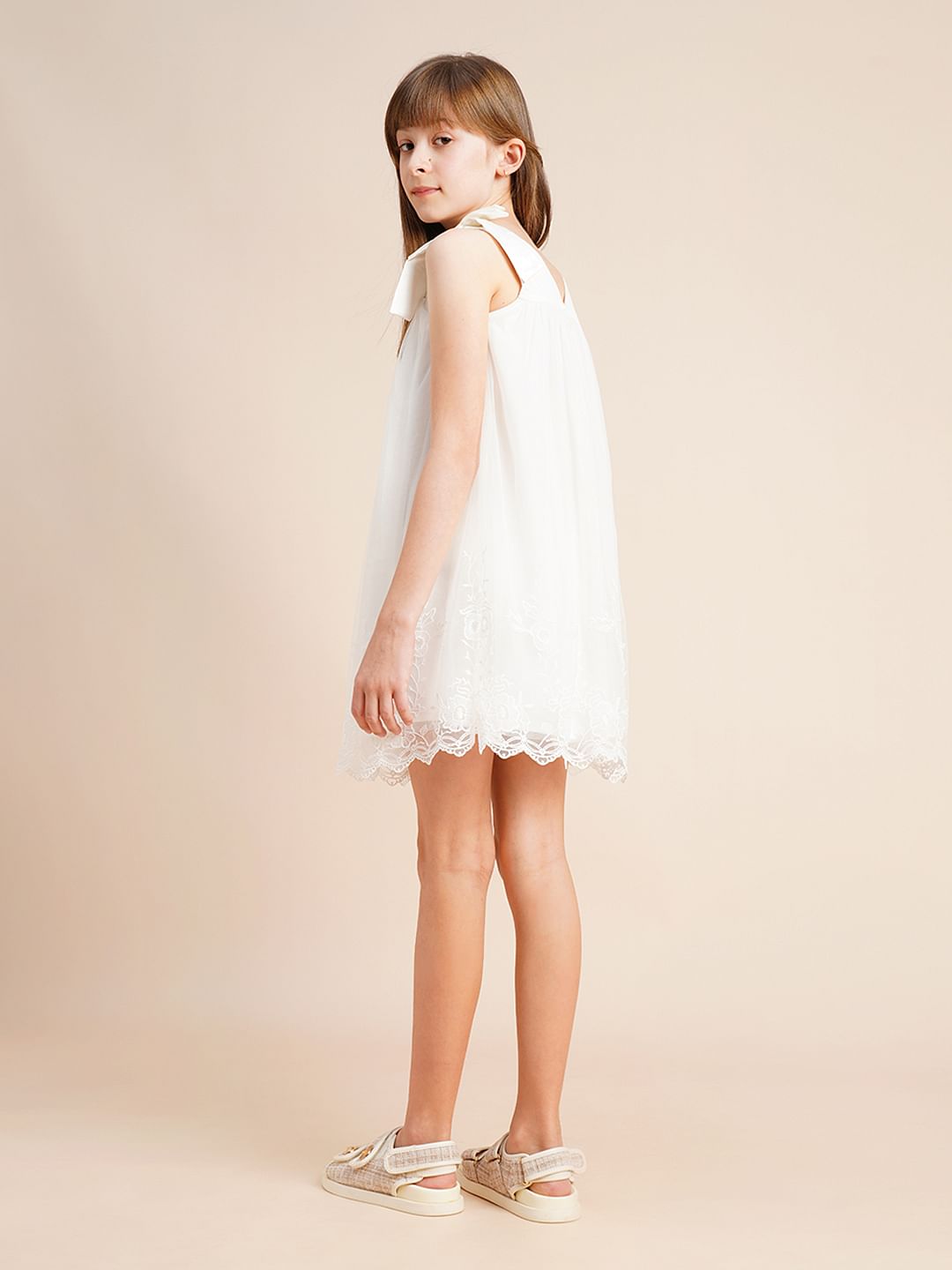 Girls White Textured Bow Detail Dress