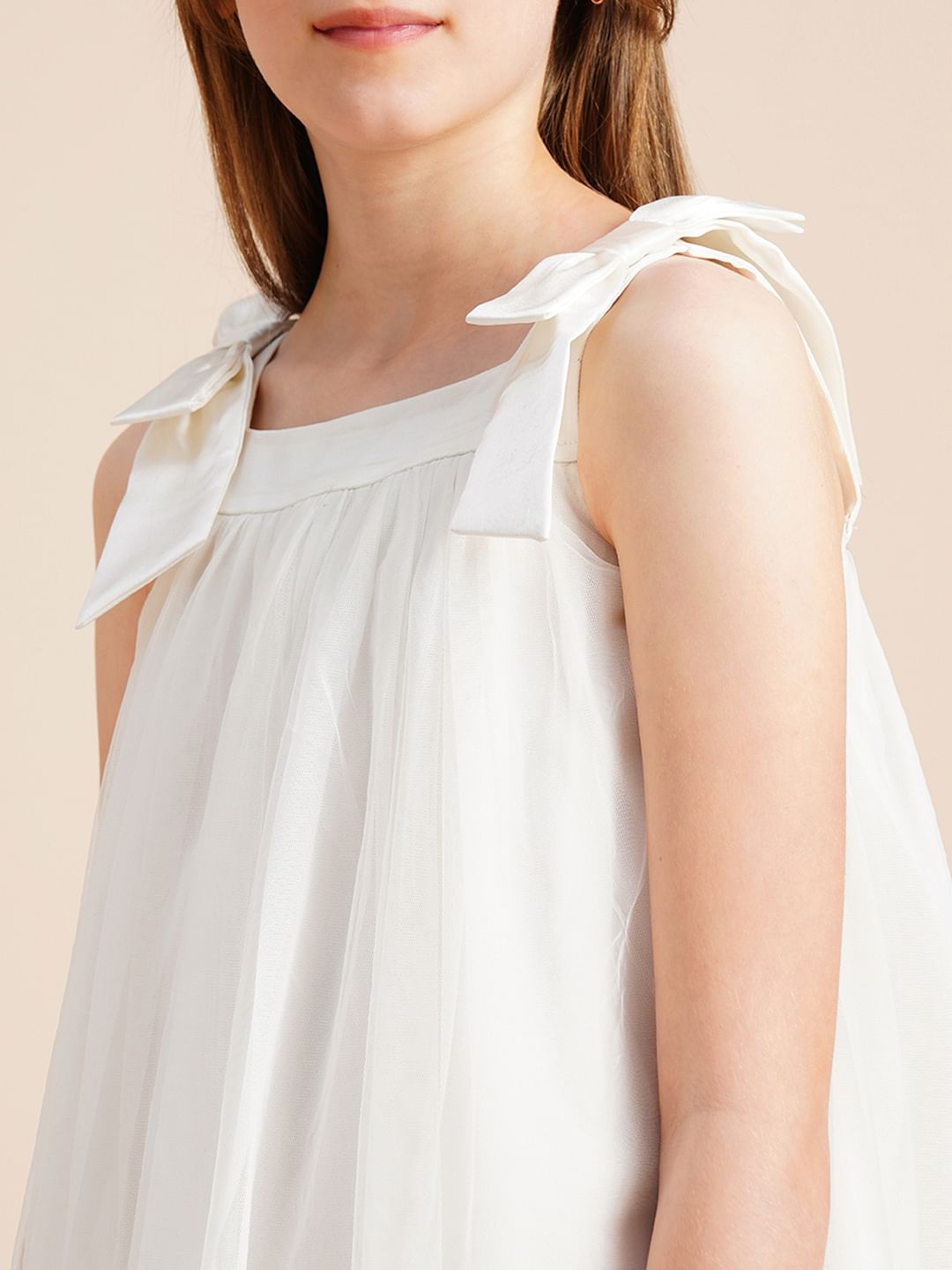 Girls White Textured Bow Detail Dress