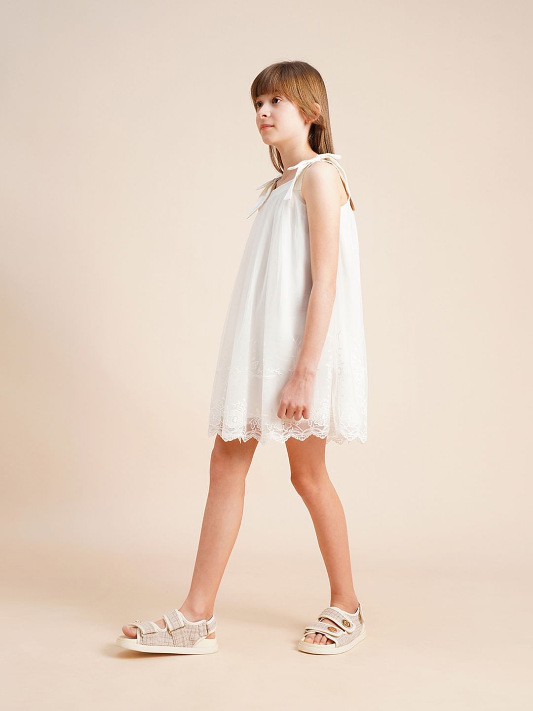 Girls White Textured Bow Detail Dress