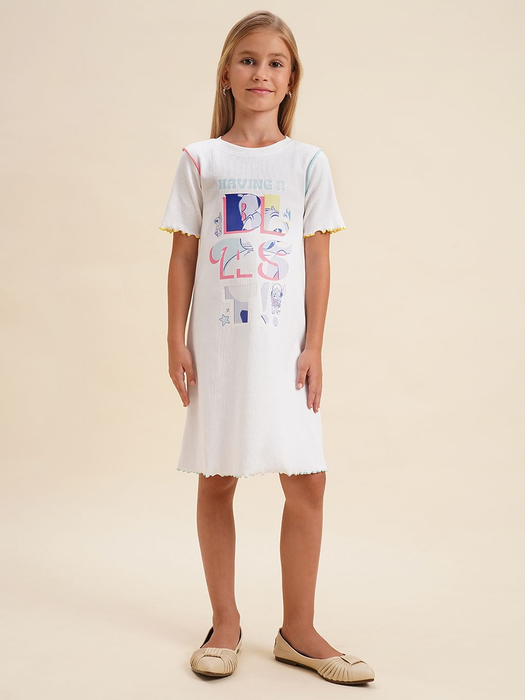 Girls White Printed Shift Dress