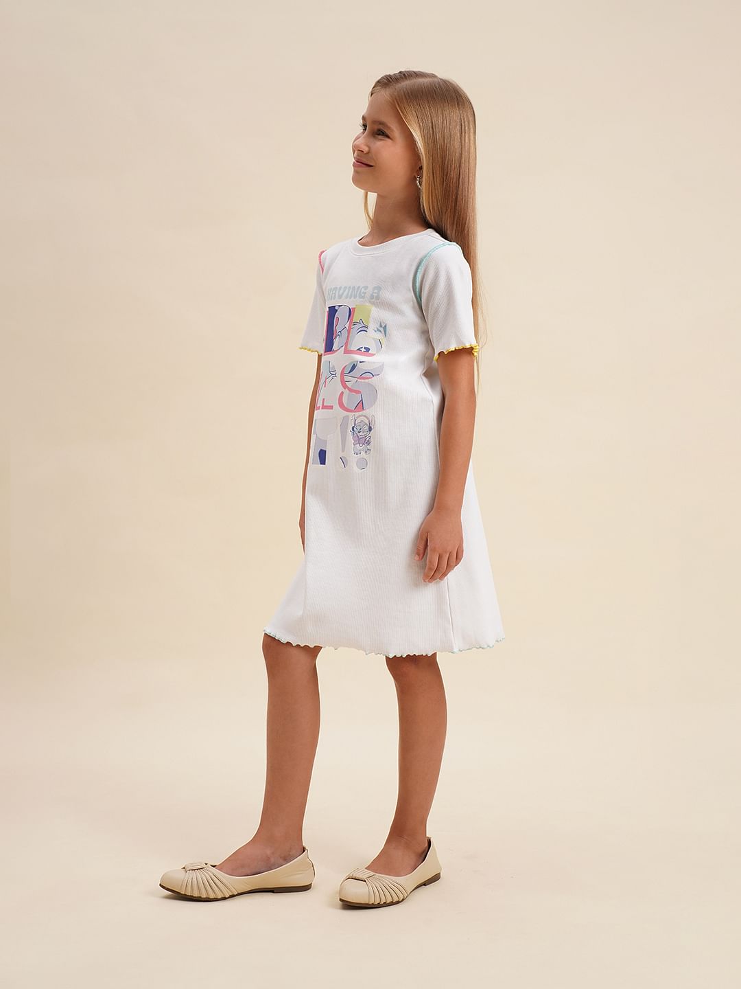Girls White Printed Shift Dress