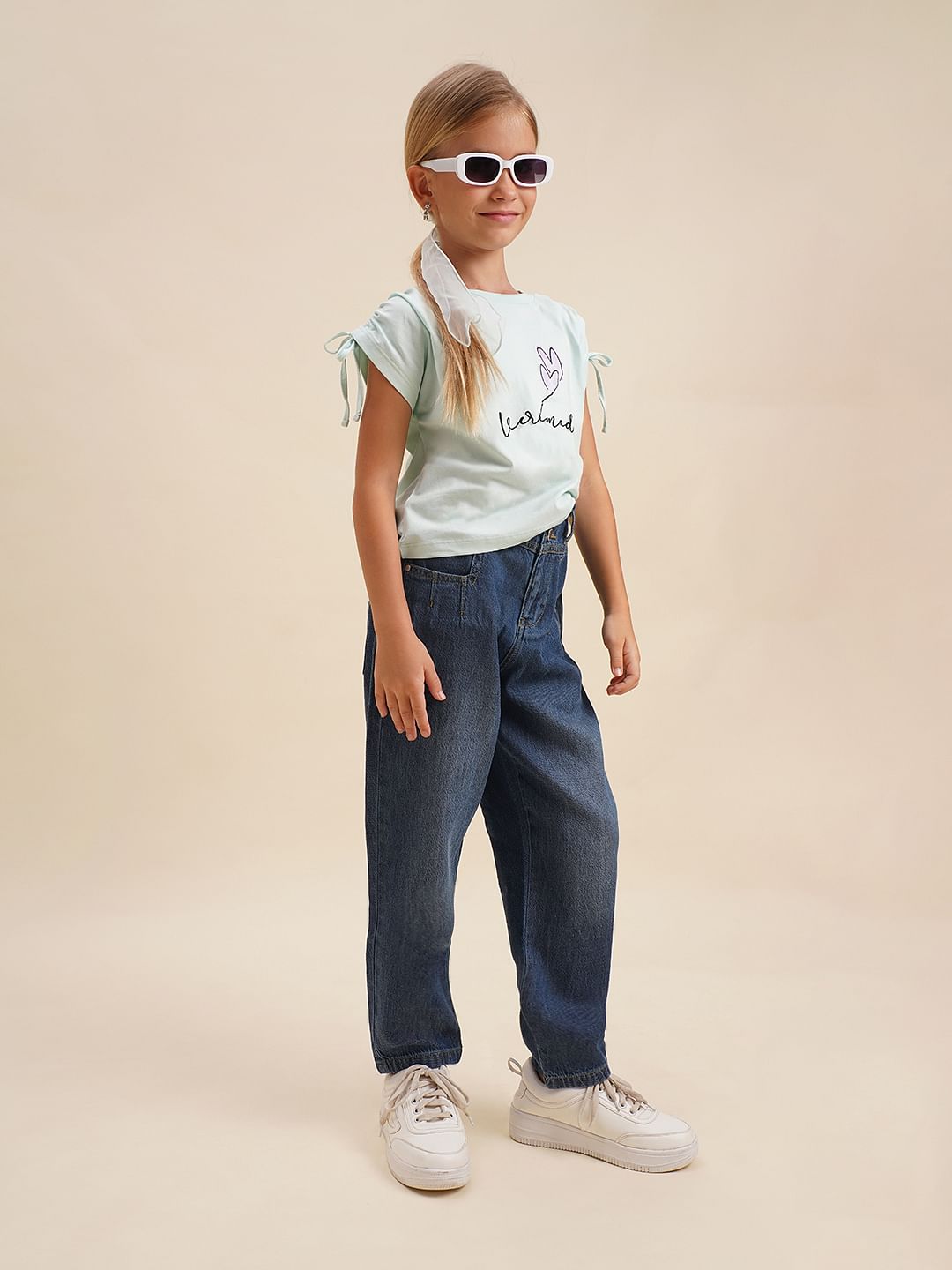 Girls Blue High Rise Mom Jeans