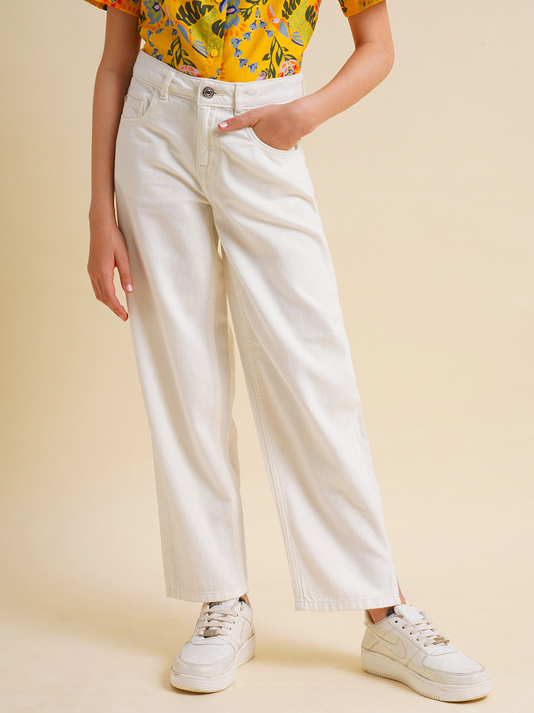 Girls White High Rise Wide Leg Jeans