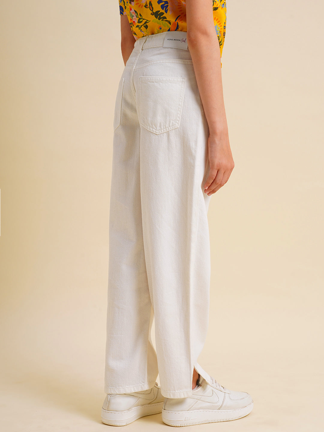 Girls White High Rise Wide Leg Jeans