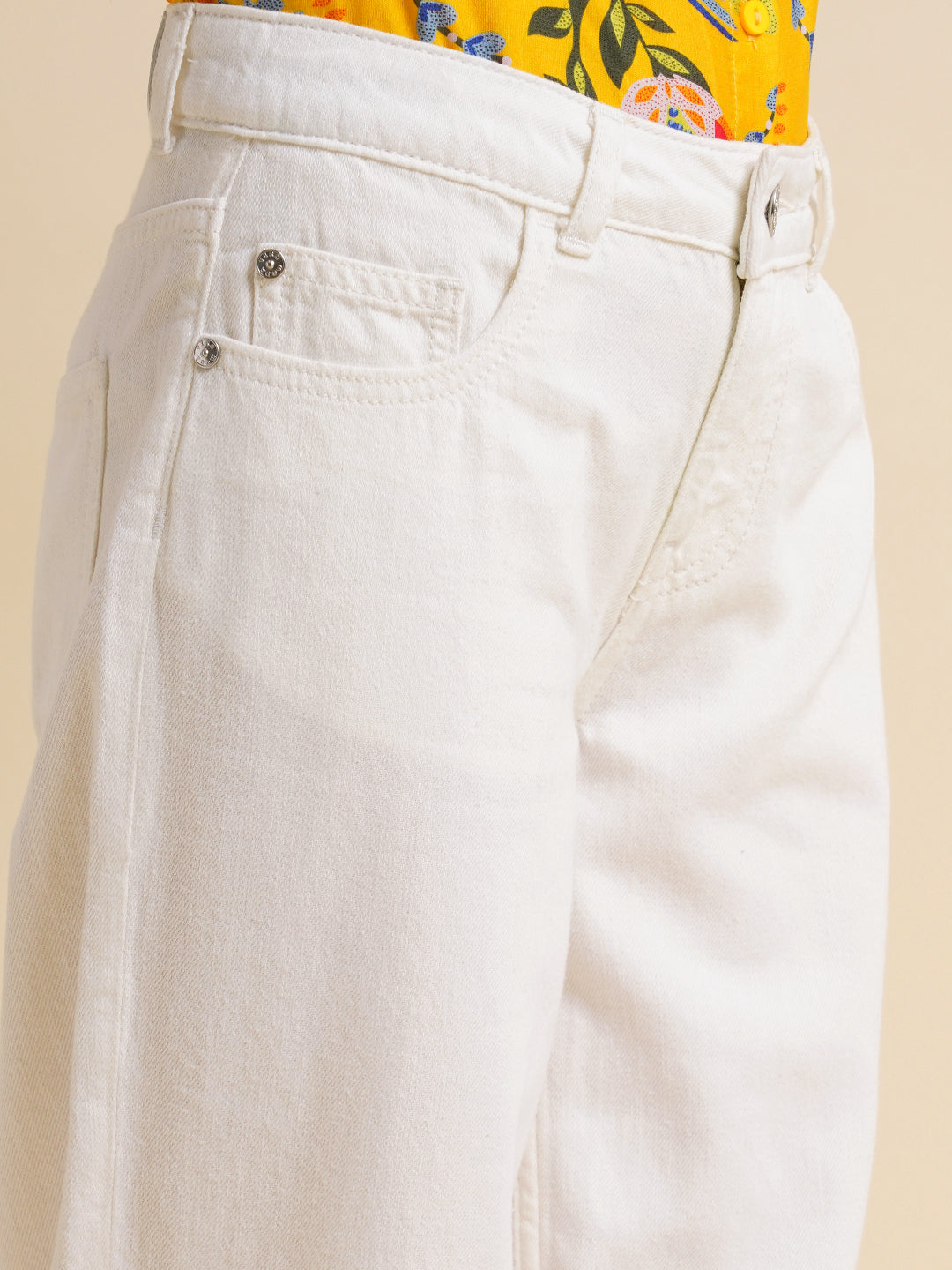 Girls White High Rise Wide Leg Jeans