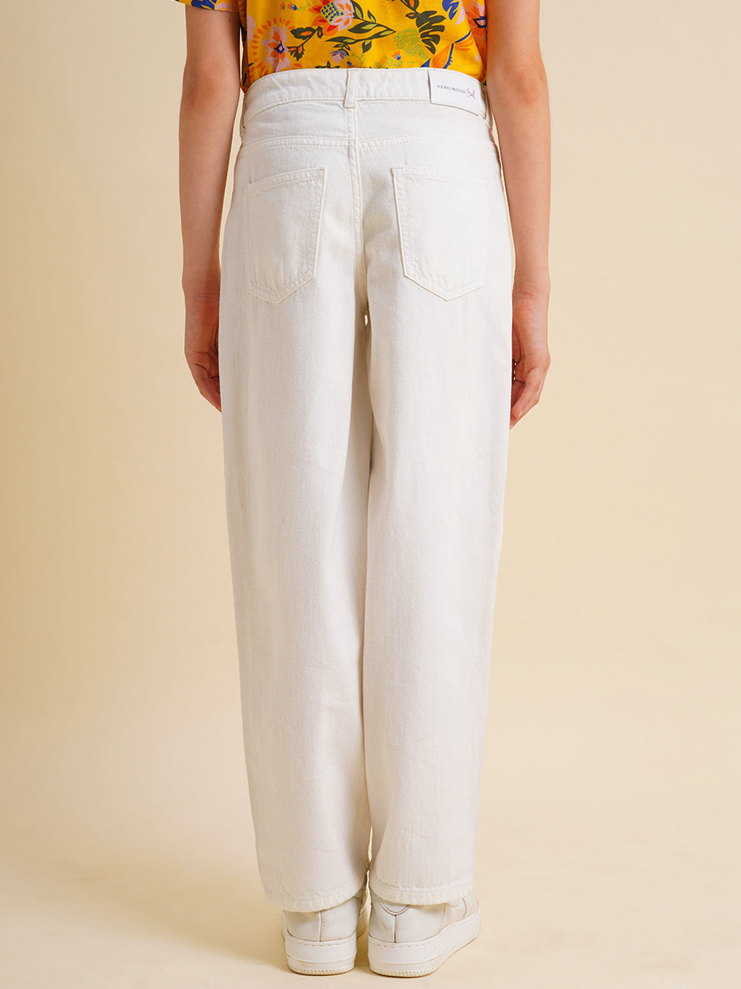 Girls White High Rise Wide Leg Jeans