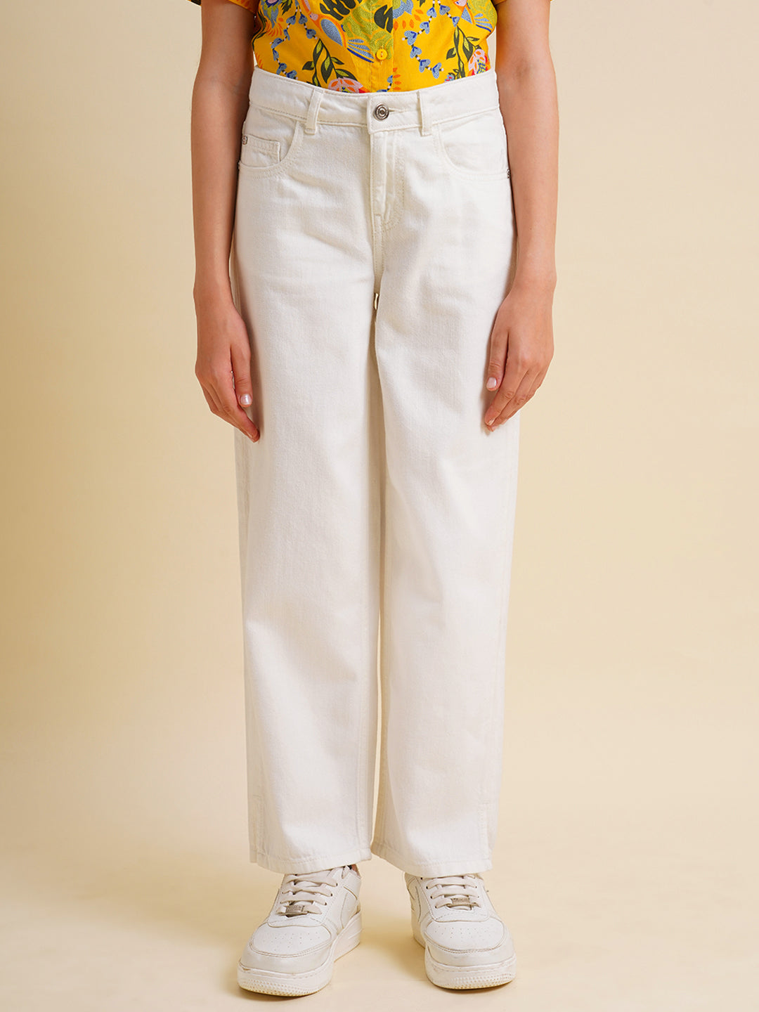 Girls White High Rise Wide Leg Jeans
