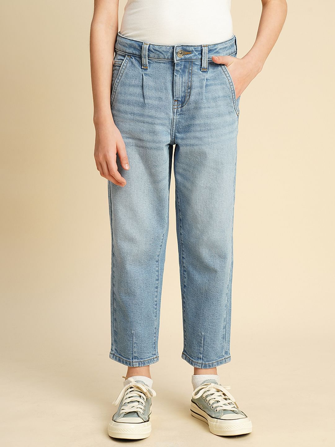 Girls Light Blue High Rise Mom Fit Jeans