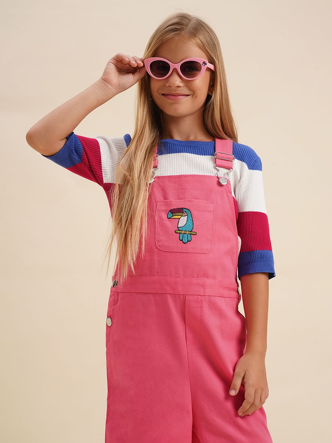 Girls Pink Printed Cotton Dungaree