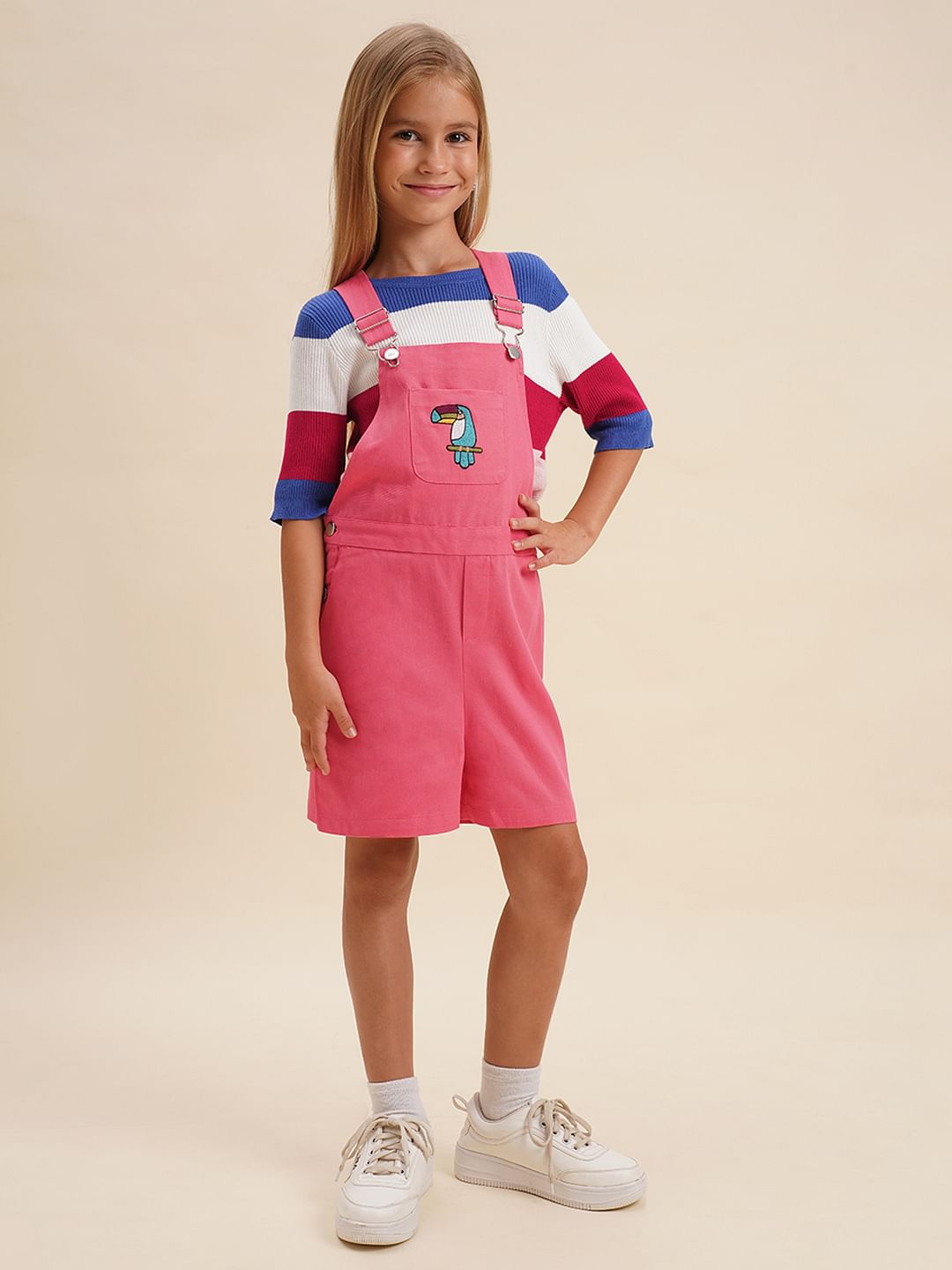 Girls Pink Printed Cotton Dungaree