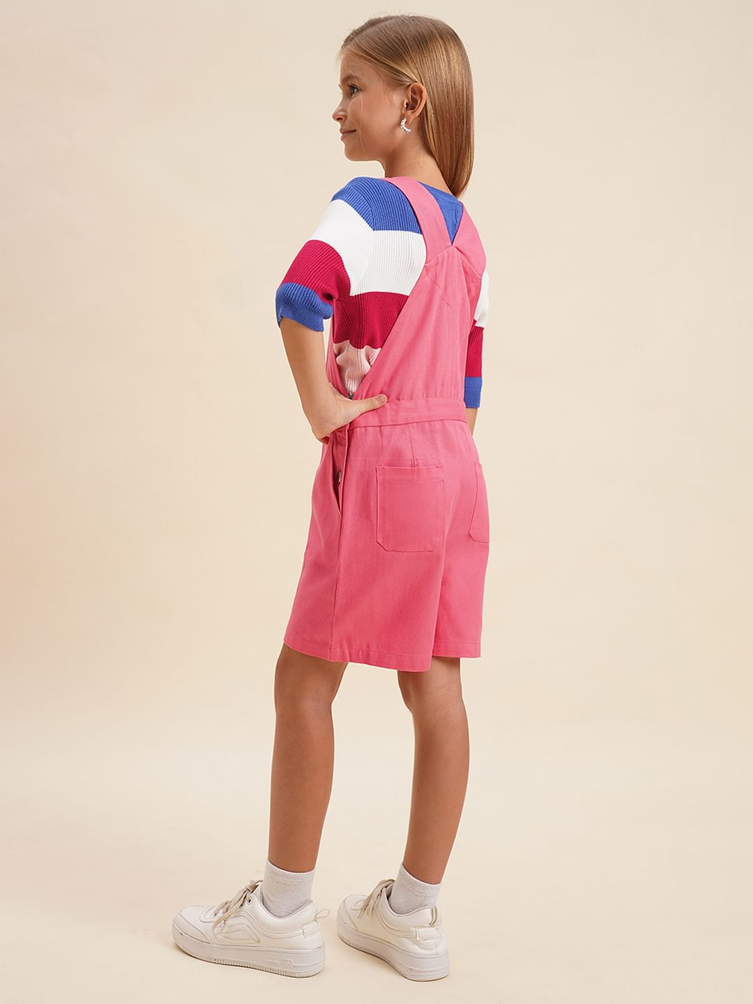 Girls Pink Printed Cotton Dungaree