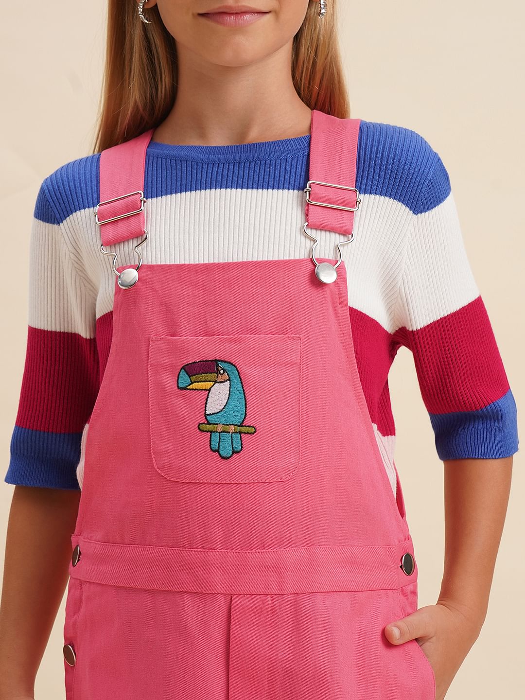 Girls Pink Printed Cotton Dungaree
