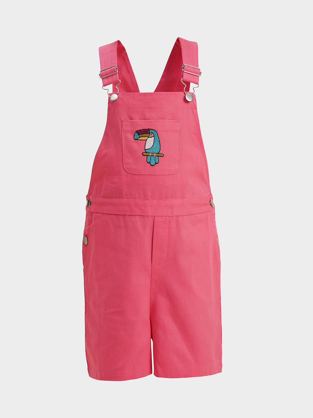 Girls Pink Printed Cotton Dungaree